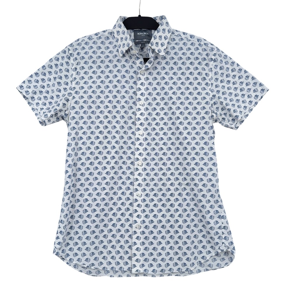 Bonobos Fish Print Button Down Kids 16 Cotton Spandex‎ White Blue